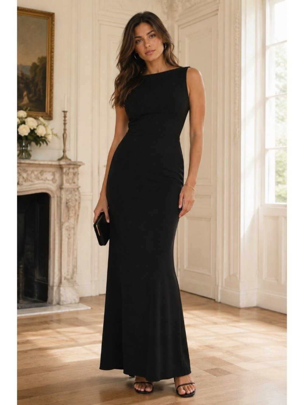 Lulus Exquiste Refinement Maxi Dress Sz Large Black Low Back Bow Mermaid Gown - Picture 2 of 9